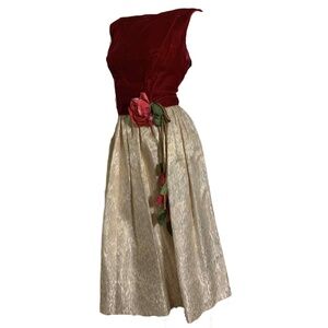 Vintage 1960s Red Velvet and Metallic Gold Party Dress Pink Rose Accent